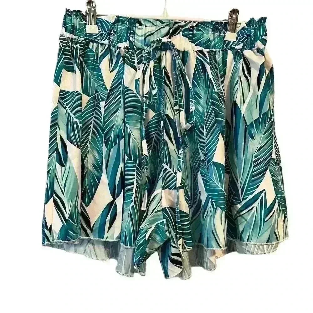 Women's Tropical Print Paperbag Waist Shorts Multicolor Size L